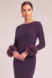 Dark Purple Mermaid Boat Neck Long Sleeves Maxi Wedding Guest Dress with Ruffles