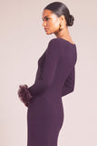 Dark Purple Mermaid Boat Neck Long Sleeves Maxi Wedding Guest Dress with Ruffles