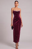 Sparkly Burgundy Velvet Sheath Strapless Ruched Maxi Wedding Guest Dress