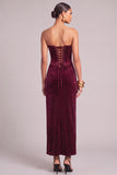Sparkly Burgundy Velvet Sheath Strapless Ruched Maxi Wedding Guest Dress