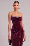 Sparkly Burgundy Velvet Sheath Strapless Ruched Maxi Wedding Guest Dress