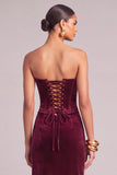 Sparkly Burgundy Velvet Sheath Strapless Ruched Maxi Wedding Guest Dress
