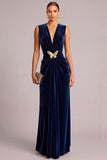 Navy Velvet A-Line V-Neck Ruched Maxi Wedding Guest Dress
