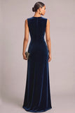 Navy Velvet A-Line V-Neck Ruched Maxi Wedding Guest Dress