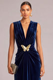 Navy Velvet A-Line V-Neck Ruched Maxi Wedding Guest Dress