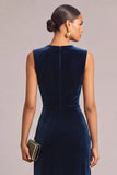 Navy Velvet A-Line V-Neck Ruched Maxi Wedding Guest Dress
