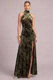 Dark Green Mermaid Floral High Neck Maxi Wedding Guest Dress with Slit