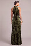 Dark Green Mermaid Floral High Neck Maxi Wedding Guest Dress with Slit