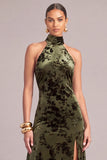 Dark Green Mermaid Floral High Neck Maxi Wedding Guest Dress with Slit