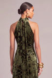 Dark Green Mermaid Floral High Neck Maxi Wedding Guest Dress with Slit