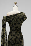 Dark Green Floral Ruched One Shouder Long Wedding Guest Dress with Sash