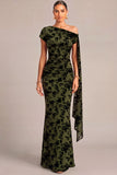 Dark Green Floral Ruched One Shouder Long Wedding Guest Dress with Sash