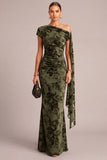 Dark Green Floral Ruched One Shouder Long Wedding Guest Dress with Sash