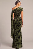 Dark Green Floral Ruched One Shouder Long Wedding Guest Dress with Sash