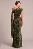 Dark Green Floral Ruched One Shouder Long Wedding Guest Dress with Sash