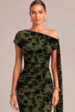 Dark Green Floral Ruched One Shouder Long Wedding Guest Dress with Sash