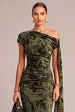 Dark Green Floral Ruched One Shouder Long Wedding Guest Dress with Sash