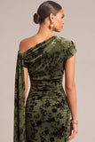 Dark Green Floral Ruched One Shouder Long Wedding Guest Dress with Sash