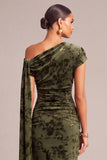 Dark Green Floral Ruched One Shouder Long Wedding Guest Dress with Sash