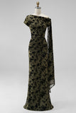Dark Green Floral Ruched One Shouder Long Wedding Guest Dress with Sash
