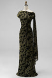 Dark Green Floral Ruched One Shouder Long Wedding Guest Dress with Sash