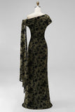 Dark Green Floral Ruched One Shouder Long Wedding Guest Dress with Sash