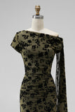 Dark Green Floral Ruched One Shouder Long Wedding Guest Dress with Sash
