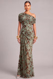Dark Green Sheath One Shoulder Floral Maxi Wedding Guest Dress