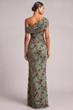 Dark Green Sheath One Shoulder Floral Maxi Wedding Guest Dress