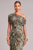 Dark Green Sheath One Shoulder Floral Maxi Wedding Guest Dress