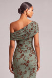 Dark Green Sheath One Shoulder Floral Maxi Wedding Guest Dress