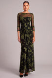 Dark Green Mermaid Boat Neck Floral Long Wedding Guest Dress with Sleeves
