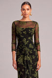 Dark Green Mermaid Boat Neck Floral Long Wedding Guest Dress with Sleeves
