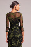 Dark Green Mermaid Boat Neck Floral Long Wedding Guest Dress with Sleeves