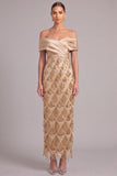 Sparkly Golden Sheath Off the Shoulder Sequins Maxi Wedding Guest Dress with Fringes