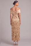 Sparkly Golden Sheath Off the Shoulder Sequins Maxi Wedding Guest Dress with Fringes