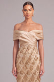 Sparkly Golden Sheath Off the Shoulder Sequins Maxi Wedding Guest Dress with Fringes