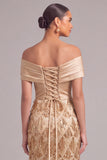 Sparkly Golden Sheath Off the Shoulder Sequins Maxi Wedding Guest Dress with Fringes