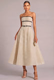 Ivory A-Line Strapless Lace Up Midi Wedding Guest Dress with Belt