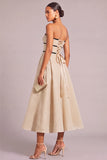 Ivory A-Line Strapless Lace Up Midi Wedding Guest Dress with Belt