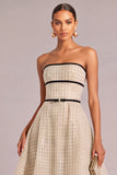 Ivory A-Line Strapless Lace Up Midi Wedding Guest Dress with Belt