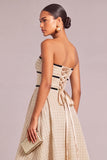 Ivory A-Line Strapless Lace Up Midi Wedding Guest Dress with Belt