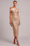 Sparkly Golden Sheath One Shoulder Sequins Midi Wedding Guest Dress with Fringes