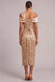 Sparkly Golden Sheath One Shoulder Sequins Midi Wedding Guest Dress with Fringes