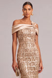 Sparkly Golden Sheath One Shoulder Sequins Midi Wedding Guest Dress with Fringes