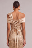 Sparkly Golden Sheath One Shoulder Sequins Midi Wedding Guest Dress with Fringes