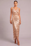 Sparkly Sequins Golden Sheath V-Neck Fringed Maxi Wedding Guest Dress