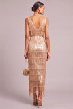 Sparkly Sequins Golden Sheath V-Neck Fringed Maxi Wedding Guest Dress