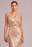 Sparkly Sequins Golden Sheath V-Neck Fringed Maxi Wedding Guest Dress