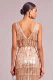Sparkly Sequins Golden Sheath V-Neck Fringed Maxi Wedding Guest Dress